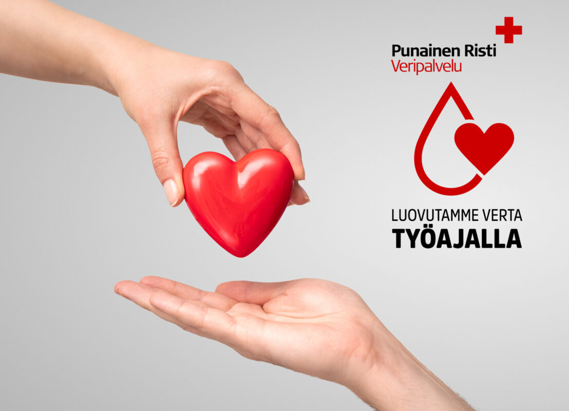 Kuvassa käsi ojentaa punaisen sydämen toiselle. Punainen Risti - Verenluovutus työajalla