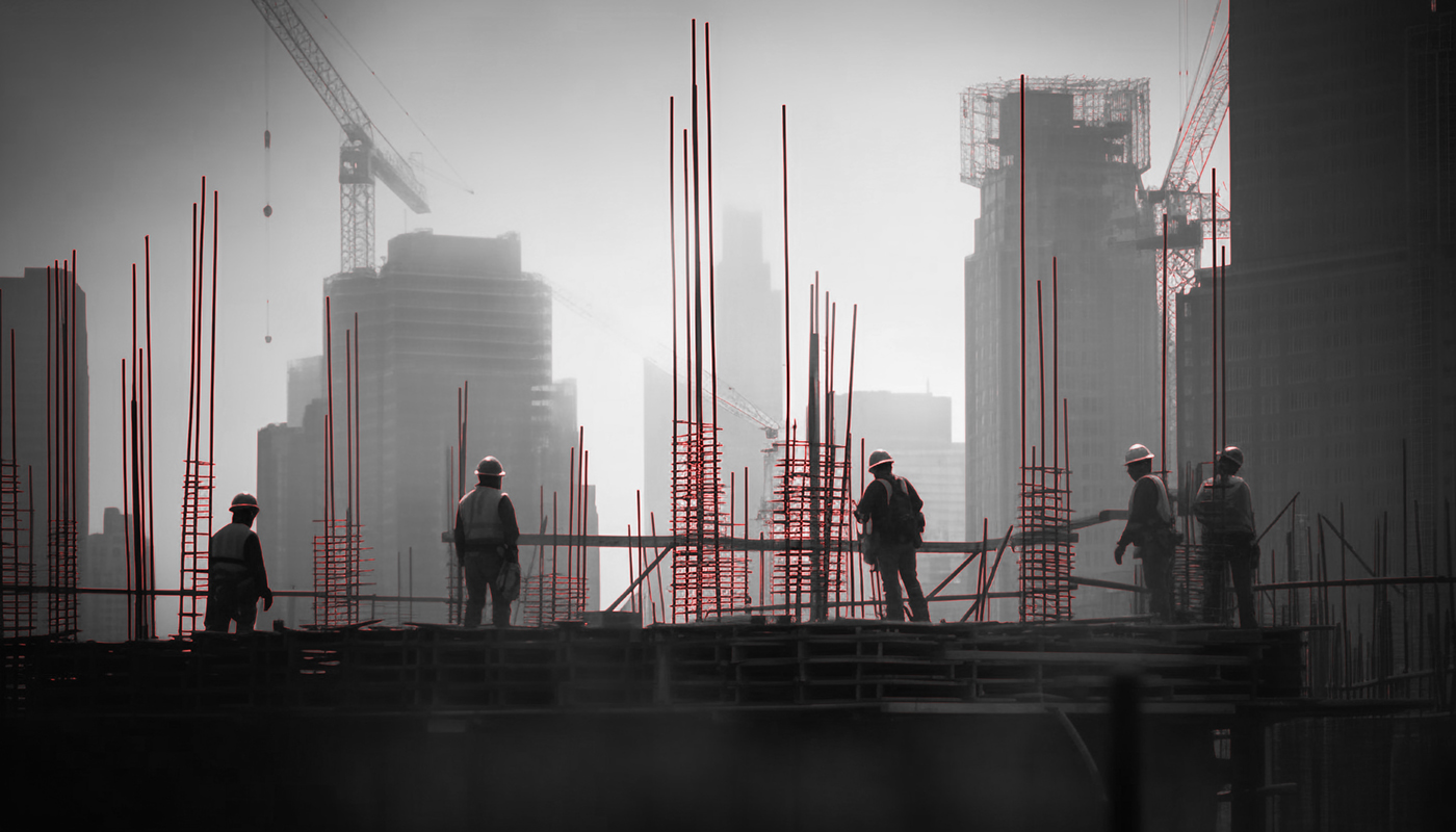 Construction workers in hardhats plan skyscraper, using blueprint and teamwork generated by artificial intelligence