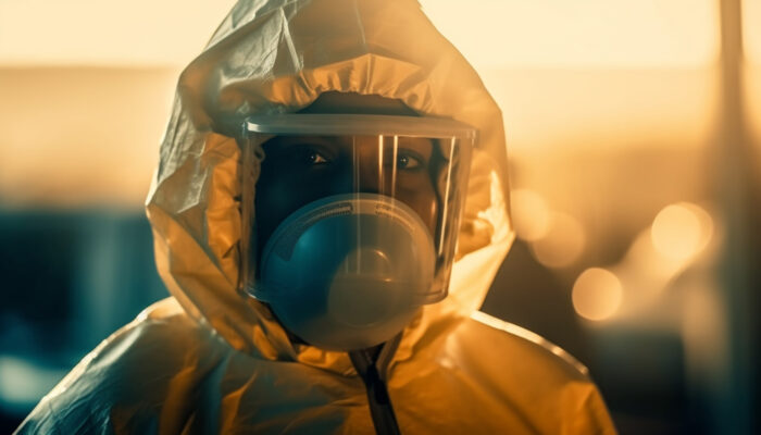 One man in protective suit working with bacterium generated by artificial intelligence