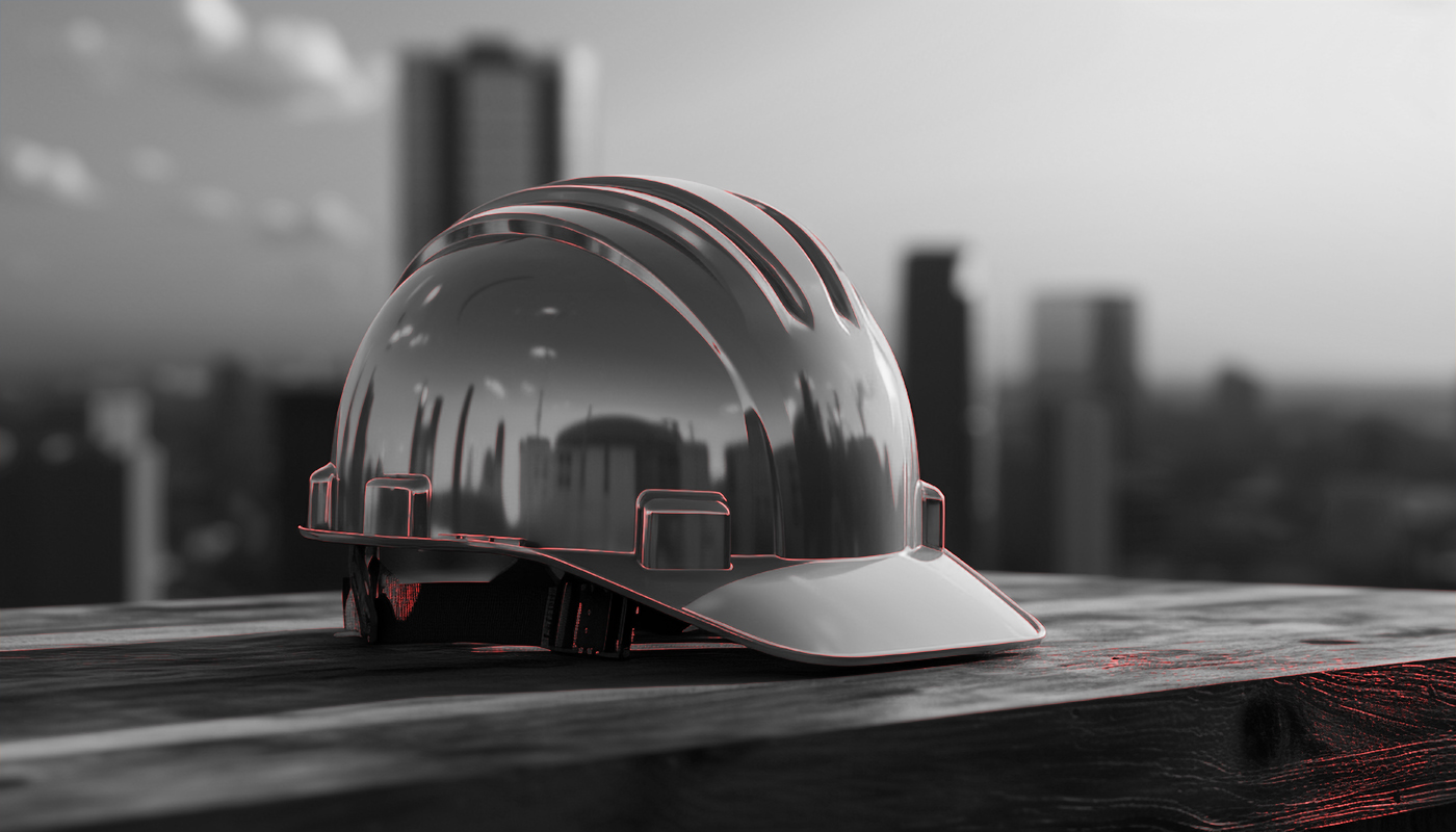 Construction worker wearing hardhat builds skyscraper in city at sunset generated by artificial intelligence