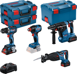 KONEPAKETTI BOSCH GSR 18V-90C + GDX 18V-210C + GBH 18V-24C + GSA 18V-28 + 1x 4,0Ah + 2x 5,5 Ah + GAL