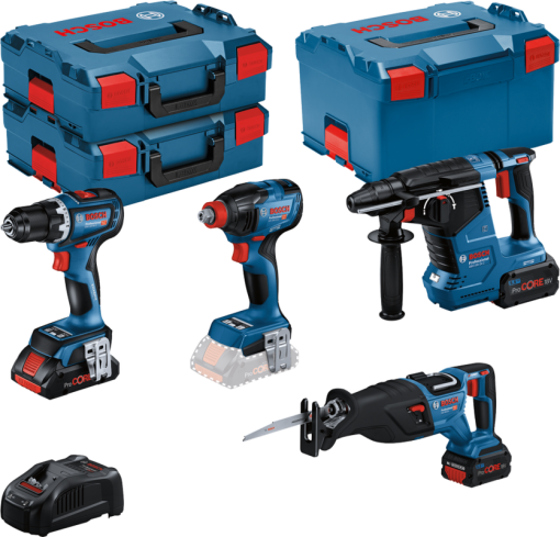 KONEPAKETTI BOSCH GSR 18V-90C + GDX 18V-210C + GBH 18V-24C + GSA 18V-28 + 1x 4,0Ah + 2x 5,5 Ah + GAL