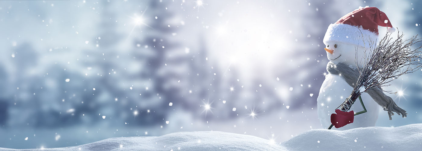 Merry christmas and happy new year greeting card with copy-space.Happy snowman standing in christmas landscape.Snow background.Winter fairytale.