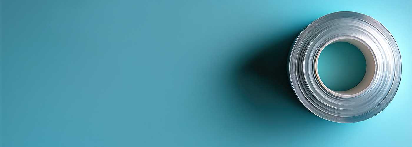 Kuvassa ilmastointiteippirulla kyljellään turkoosin taustan päällä