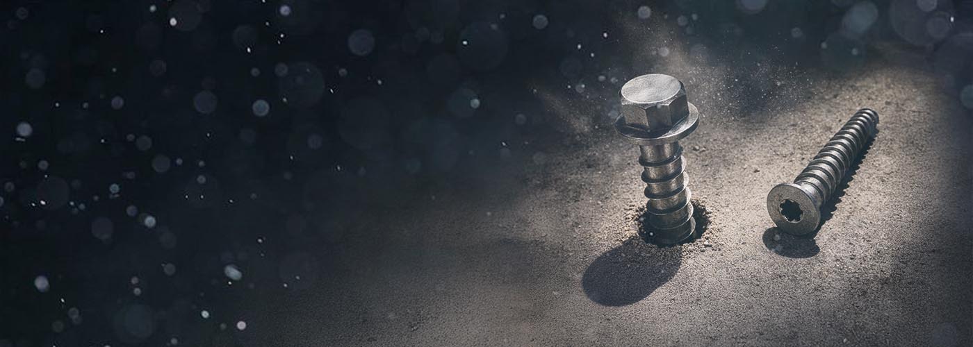 Kuvassa kaksi betoniruuvia betonitaustalla spotvalolla valaistuna