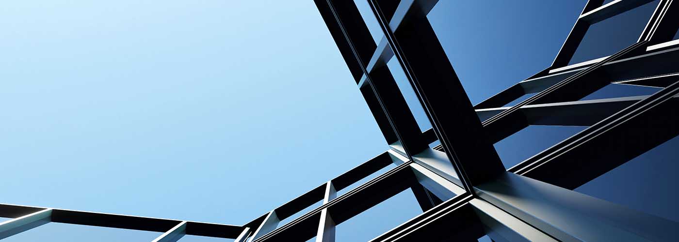 Corporate office building with glass window and steel frame, Business or financial concept with modern real estate architecture, 3d rendering